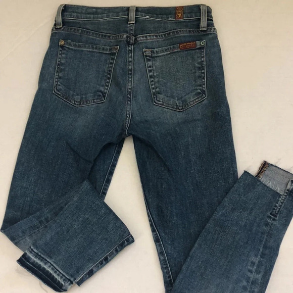 7 For All Mankind Blue Mid-Rise Ankle Skinny Released Frayed Hem Jeans Size 24 - Picture 5 of 8